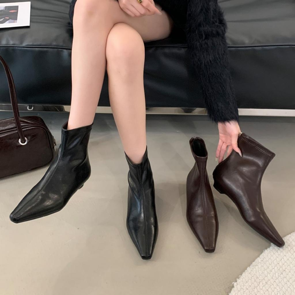 Pointed short boots women's thick heel thin boots versatile little fairy 2025 autumn and winter new soft leather mesh low heel Martin boots