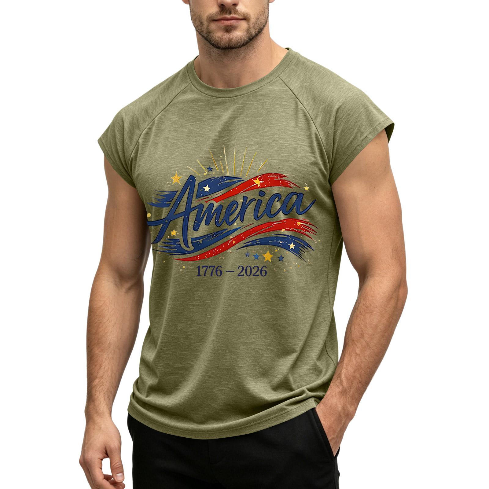 Men’s Sleeveless Patriotic Print Athletic Casual T-Shirt Featuring America 1776-2026 Graphic for Independence Day XXXL