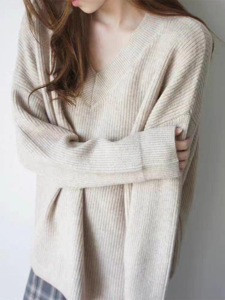 Women's V-Neck Loose Wool Knit Sweater, 2025 Autumn/Winter Collection - Soft, Cozy Base Layer Top