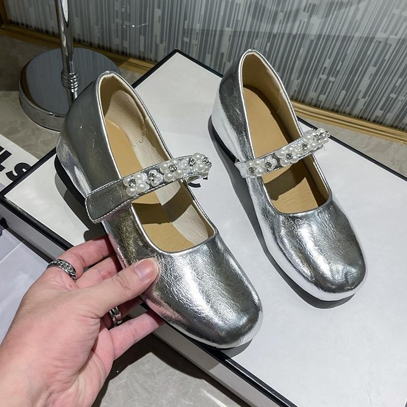 Fashion Inside Heightened Flat Single Shoes Autumn New Round Toe Shallow Slip Rhinestone Pearl Soft Sole Non-Slip Low Top Shoes