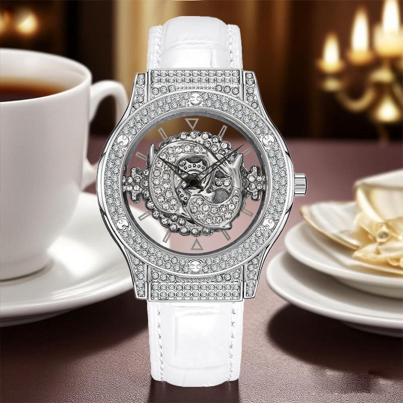 Full Of Diamonds, Light Luxury Hollowed-Out Puffer Fish, Lucky Lady Flower Watch, Female Dial Naked watch