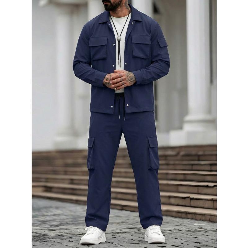Men Casual Workwear Multi Pockets Long Sleeve Jacket And Long Pants Set