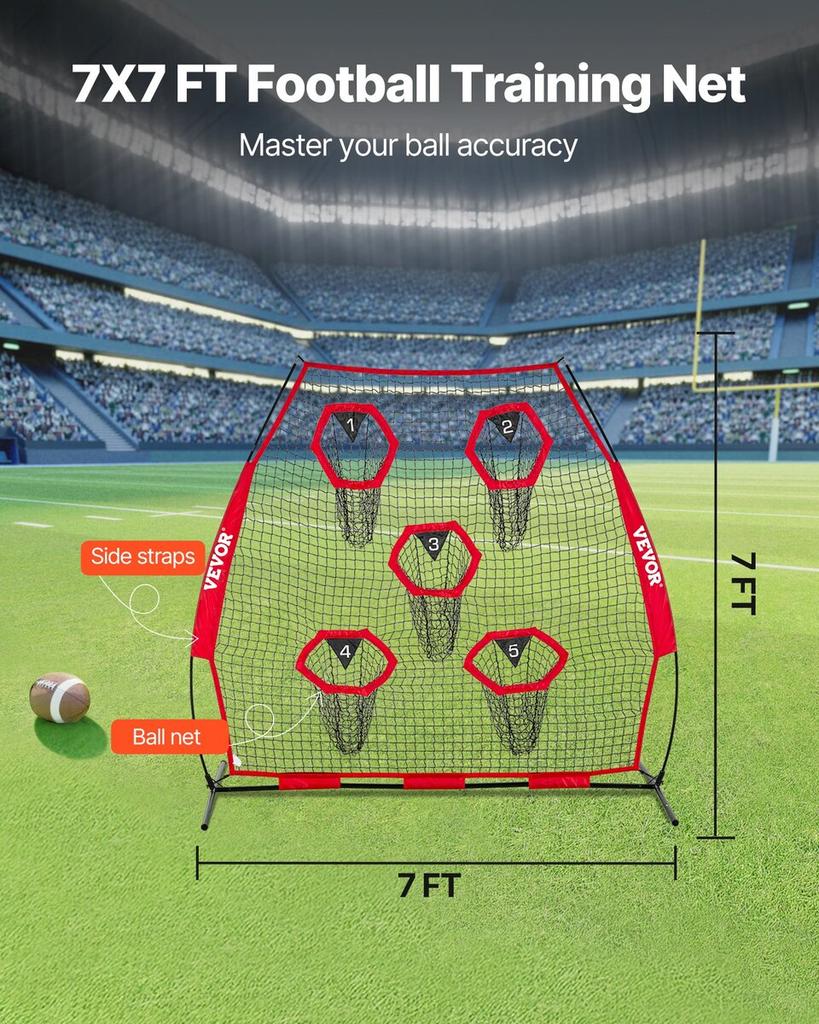 2133.6 X 2133.6mm Football Trainer Throwing Net, Training Throwing Target Practice Net with 5 Target Pockets, Knotless Net Includes Straps and