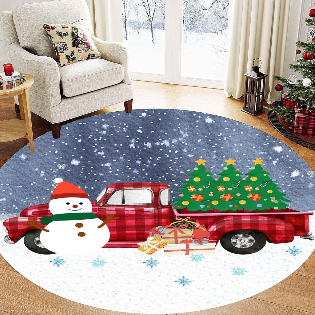 Vintage Holiday Round Rug Merry Christmas Carpet Buffalo Plaid Area Mat Retro Snowman Sleigh Living Room Bedside Decor Item