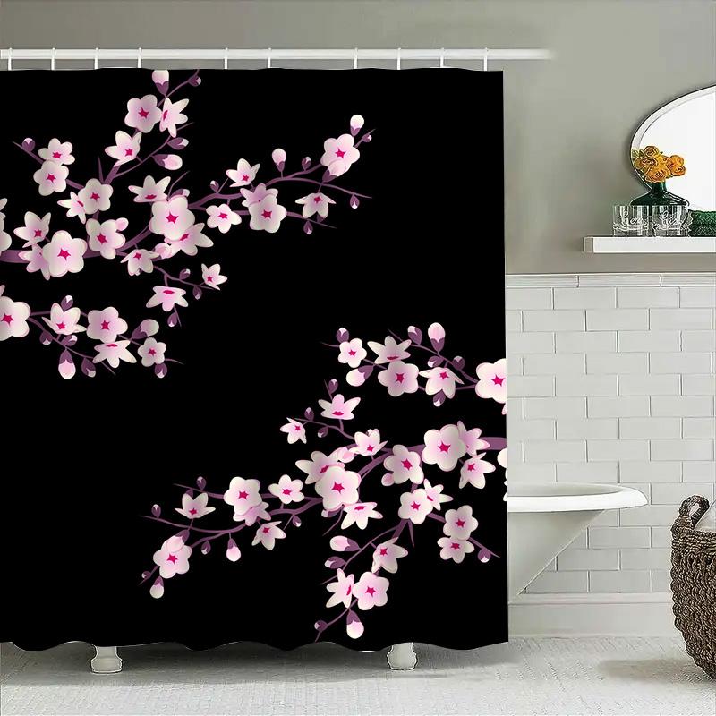 Cherry Blossom Shower Curtain Pink Floral Print Bathroom Decor Customizable Size Black Background Shower Panels Water Repellent