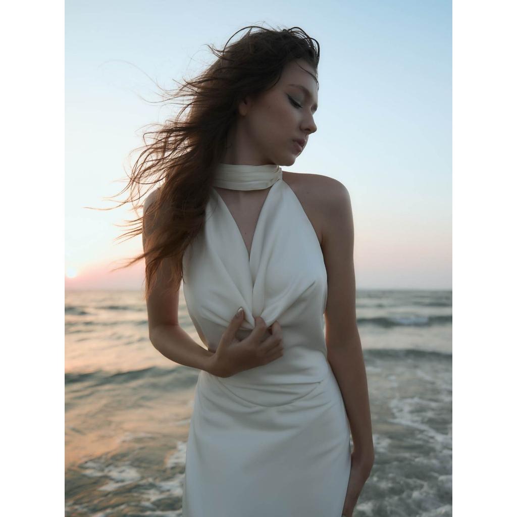 Summer New Satin Halter Dress Women's Sexy V-neck Backless Slim Fit Long Maxi Dress European American Crossbody Women's Clothing