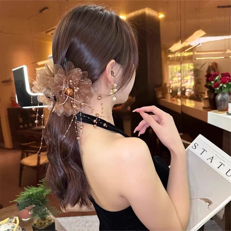 Fashion Elegant Mesh Flower Hair Claws Grab Pearl Tassel Women Shark Ponytail Hair Clips Hairpins Hair Accessories Headdress