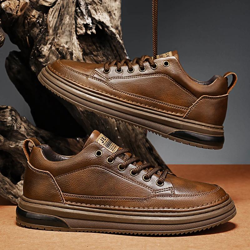 Fashion Genuine Leather Men Casual Shoes Non-Slip Leisure Walk Sneakers Fashion Driving Walking Tennis Shoes for Man Outdoor Skate Flats