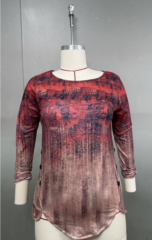 Women's Summer Short Sleeve Round Neck Side Button Print Top
