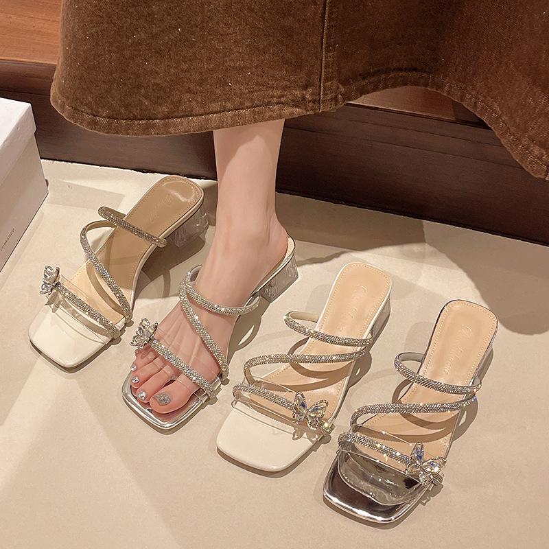 French thick-heeled slippers for women's summer wear 2025 new bow rhinestone temperament high-heeled crystal sandals for women
