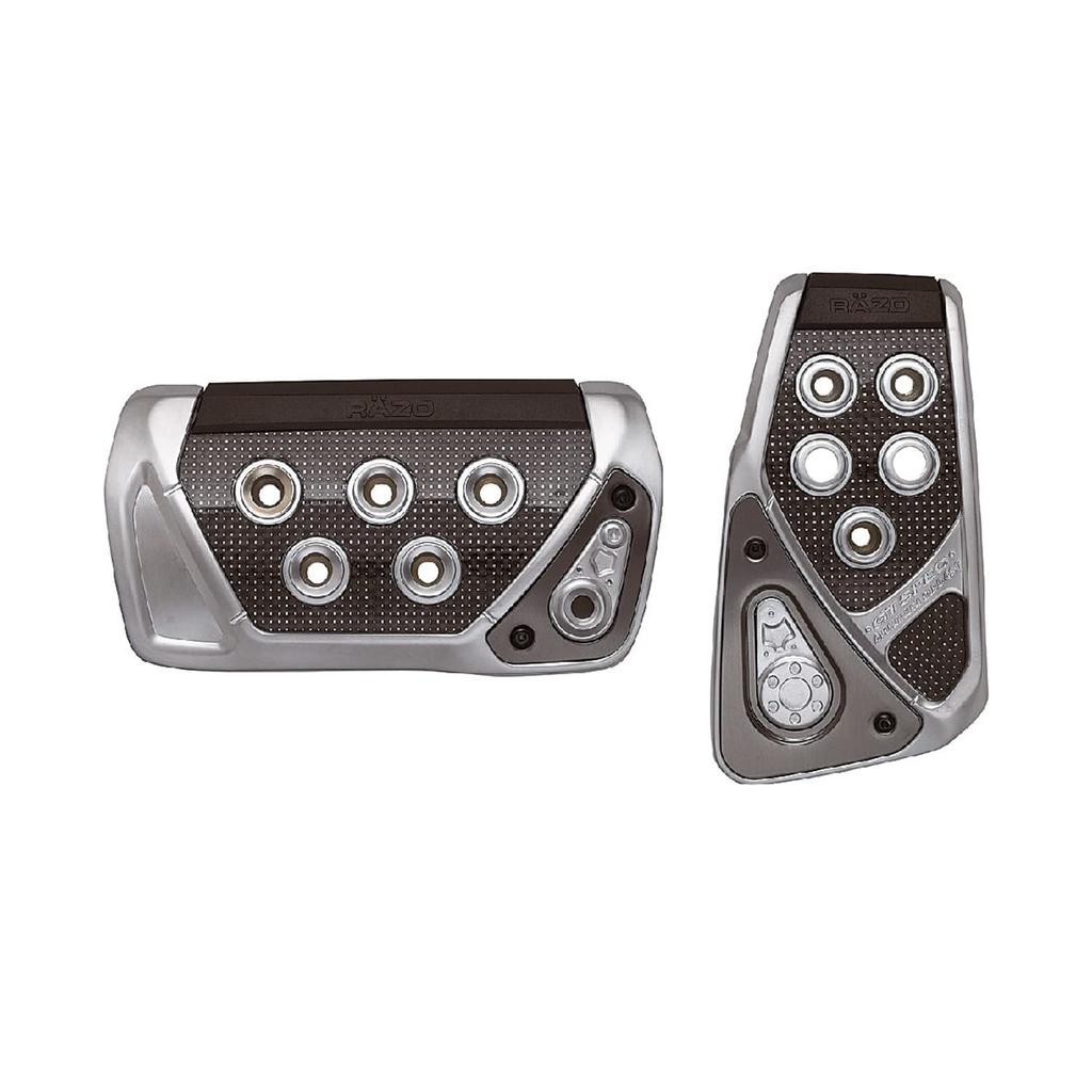 Carmate RP101 Silver Authentic GT Pedal Set for the RAZO GT SPEC AT-S, Featuring Die-cast Aluminum and Carbon Fiber Accelerator and Brake Covers.