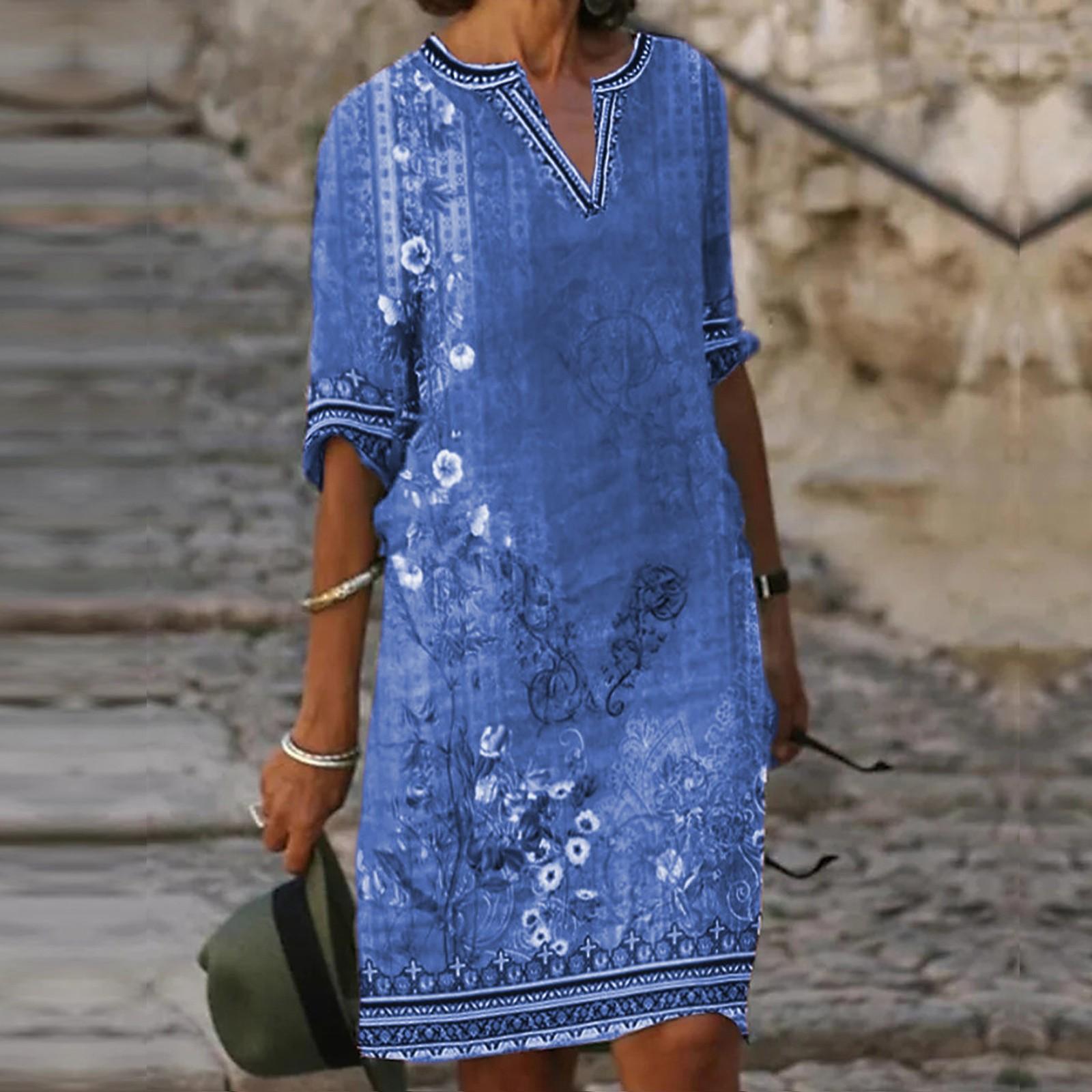 

Женское платье с круглым вырезом и украшением на пуговицах, женское винтажное длинное платье с коротким рукавом и цветочным принтом L синий