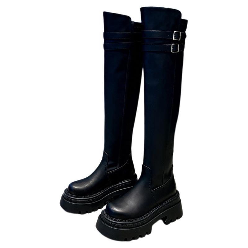 Over-knee boots women's autumn and winter 2025 new retro round head thick-soled high boots thick heel belt buckle elastic thin boots