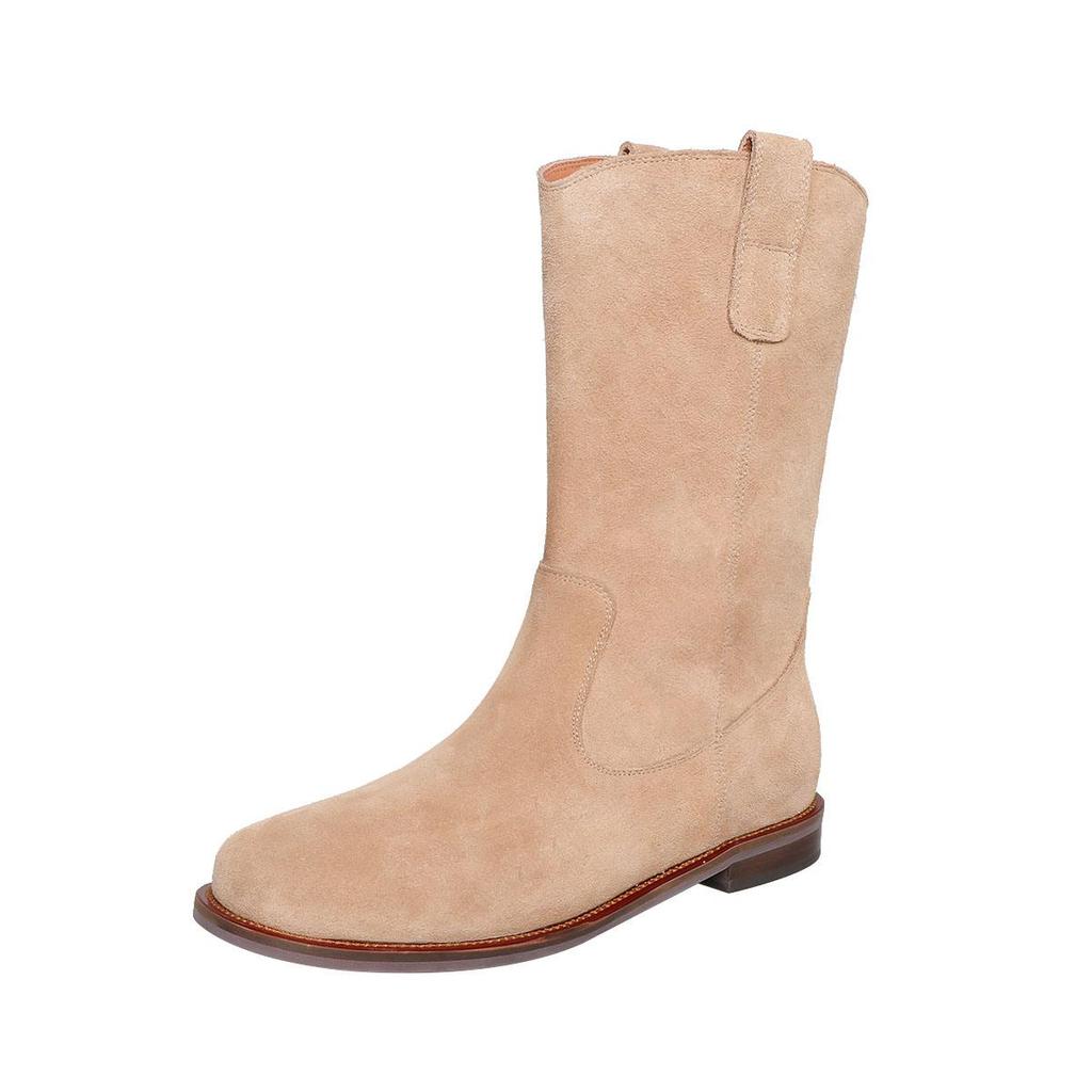Krazing Pot Chaussures en daim de vache pour femme, bottes mi-mollet à bout rond et talons bas épais, collection automne-hiver