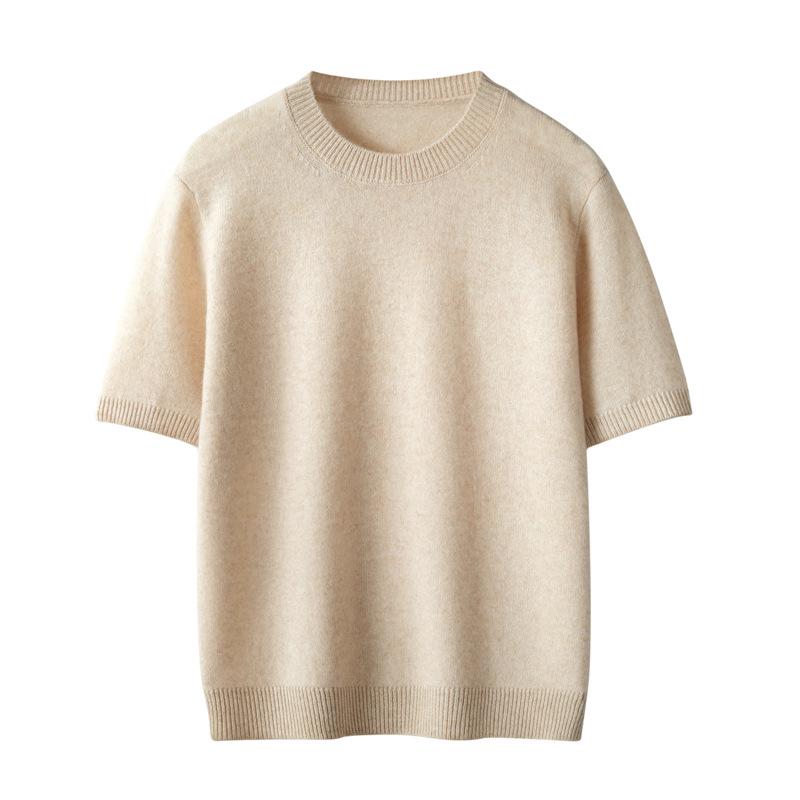 Solid Color Cashmere Blend Sweater, Lightweight, Short-Sleeved, Round Neck, Relaxed Fit, Five-Point Sleeves, Ideal for Layering