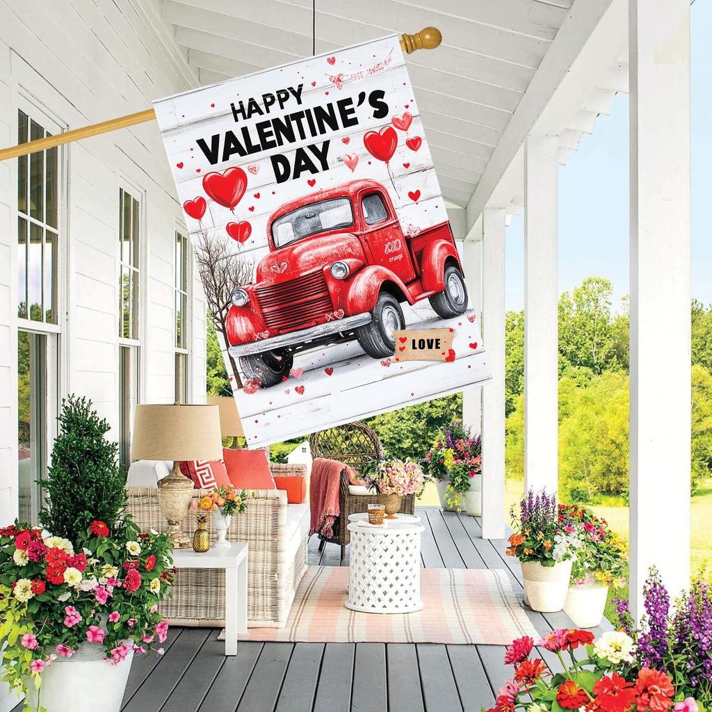 Valentine'S Day Decorative House Banner - 1pc,Double-Sided Polyester Outdoor Display Without Electricity, Red Love Truck Design for Yard and Garden