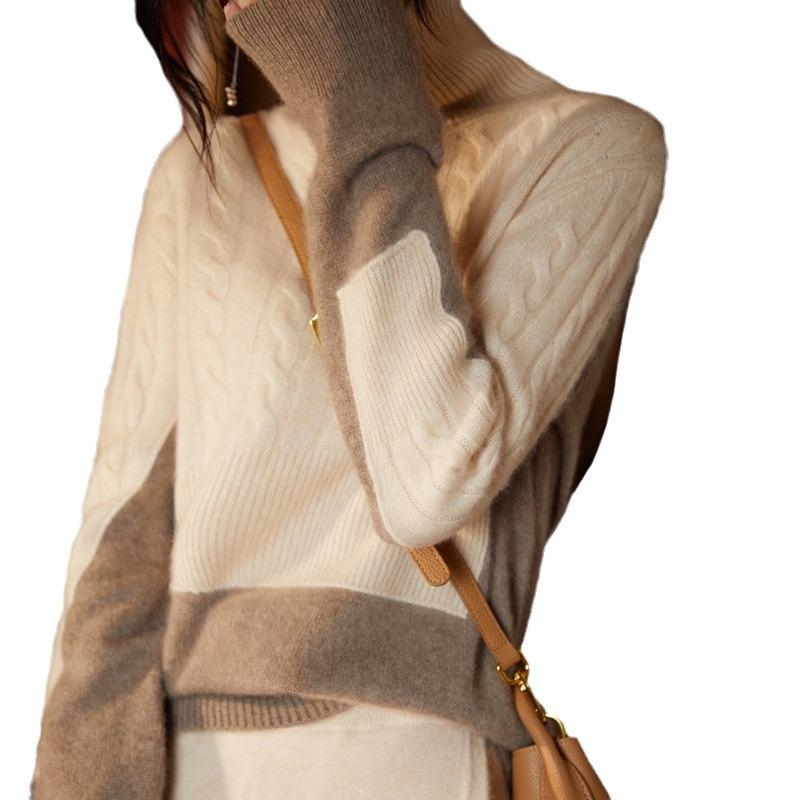 Color Matching Semi-Turtleneck Thick Knitted Sweater Twist Sweater Women'S Coat Loose New Fashion Temperament Bottoming Shirt Tide