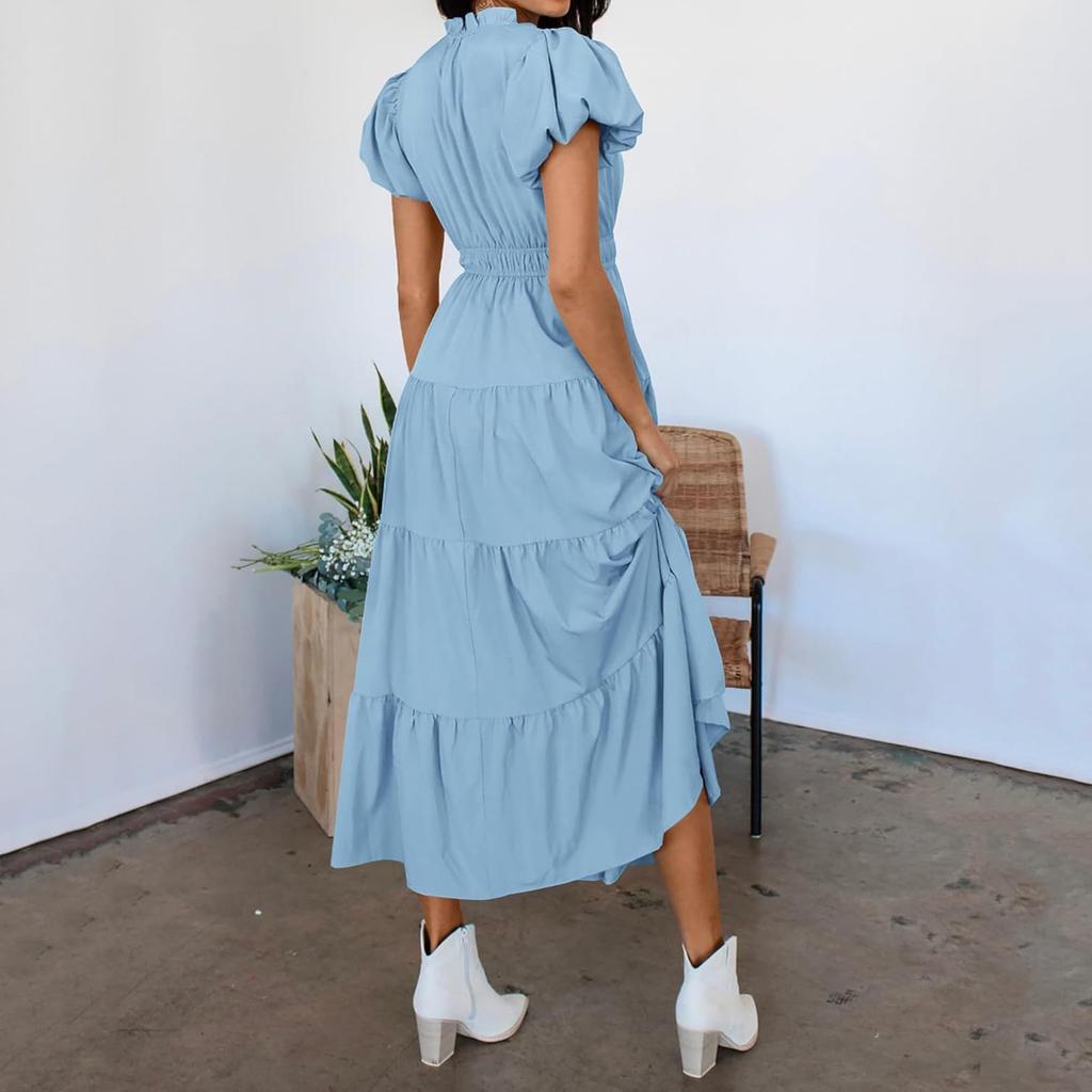 Women's Fashion Summer Loose V-Neck Bubble Sleeve Solid Color Vacation Dresses