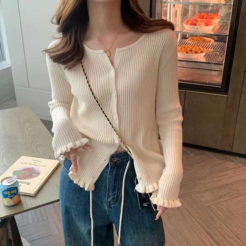 Fungus Edge Knitted Top Women's High-end Sweet Spring and Autumn Knitted Sweater Long-sleeved Thin Coat Solid Color