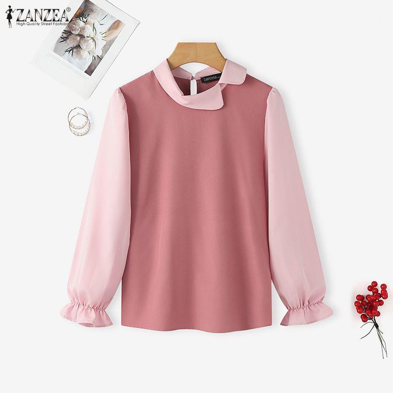 ZANZEA Bluză casual de damă cu guler păpușă, mâneci 3/4 largi, patchwork