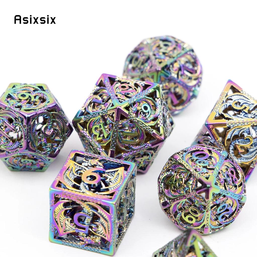 7 Pcs Silver Colorful Dragon Metal Dice Hollow Metal Polyhedral Dice Set Suitable For Role-Playing Game