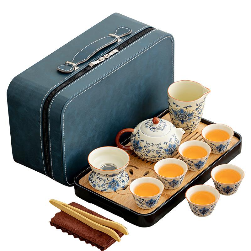 Wrapped Liandehua Ceramic Travel Leather Bag Ru Kiln Tea Set Portable Car Outdoor Kung Fu Tea Set Tea Breaker