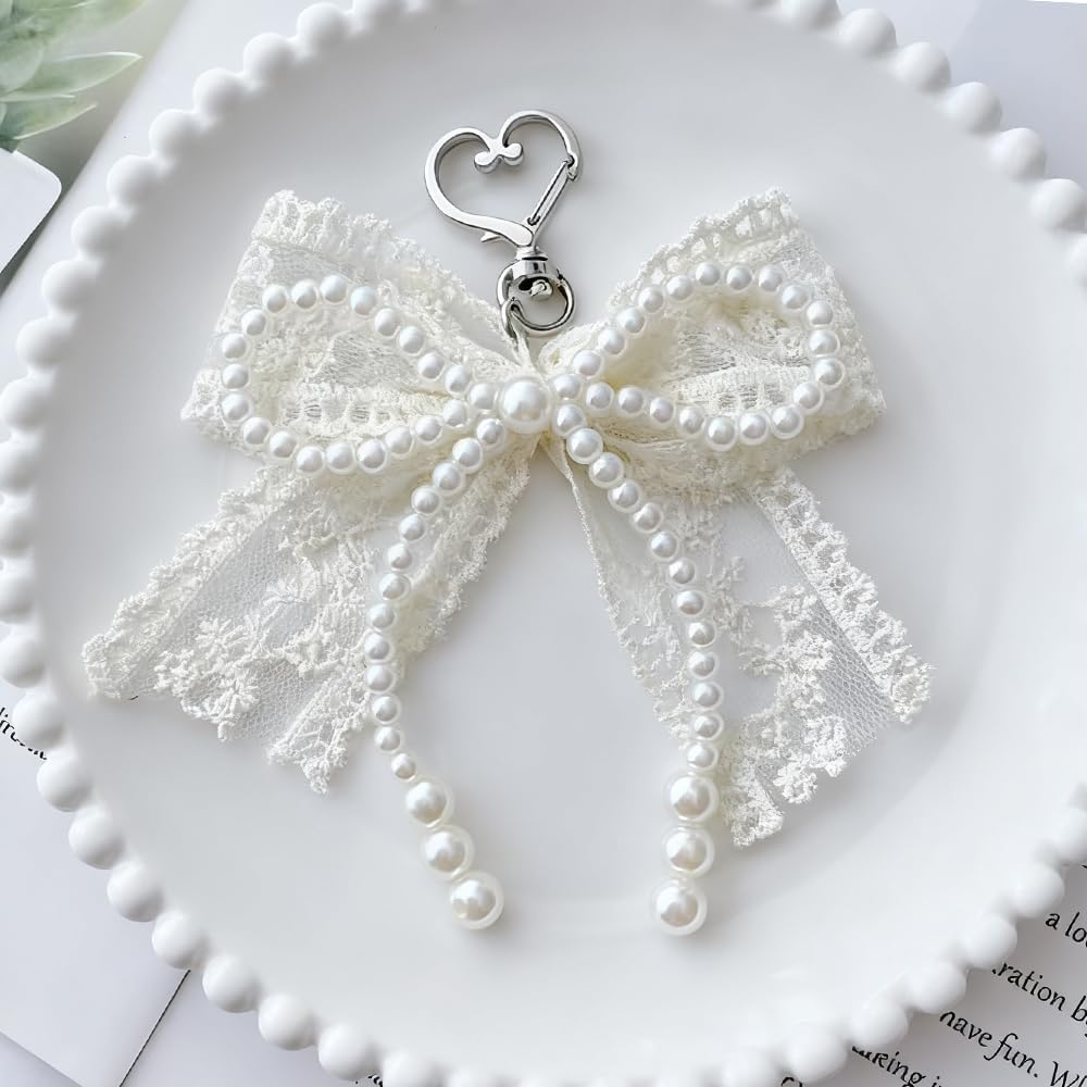Imitation Pearls Lace Bowknot Keychain Sweet Beaded Pendant Keyring for Women Handbag and Backpack Key Chain Exquisite Ornament