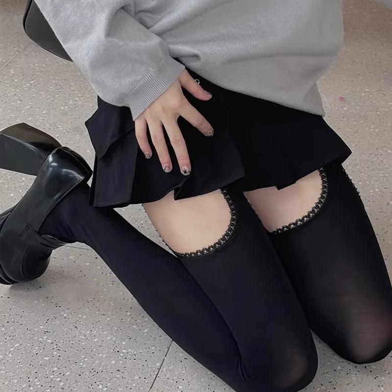 Women Girls Sexy Stockings with Belt Suspender Wide-banded Tights Thigh High Long Socks Lace Velvet Pantyhose Over Knee Socks