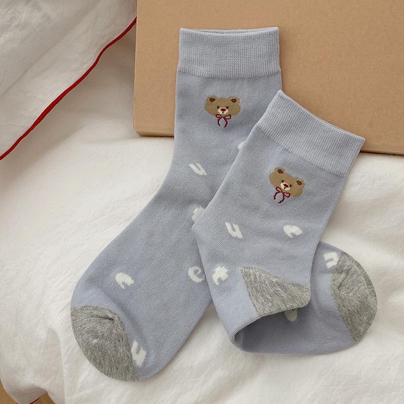 Female Autumn New Striped Polka Dot Collocation Cartoon Bear Academy Wind Tube Stack Socks