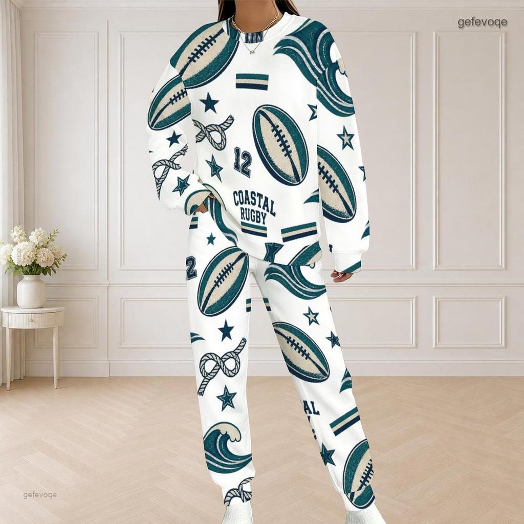Women Plus Size Sailboat Printed Pocket Round Neck Long Sleeve Top And Long Pants Two Piece Set