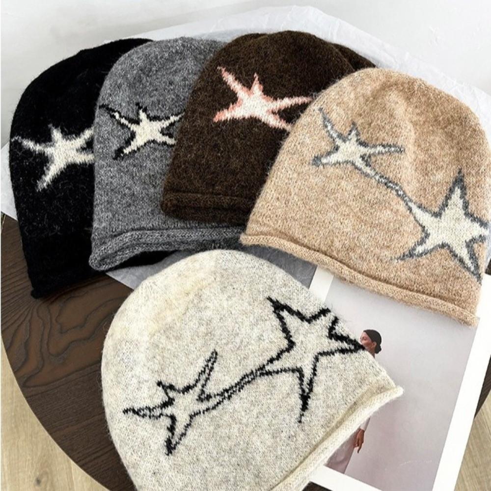 Fashion Star Patterned Beanie Cap Edge Curl Soft Brimless Skull Cap Ear Protection Elastic Slouchy Hat