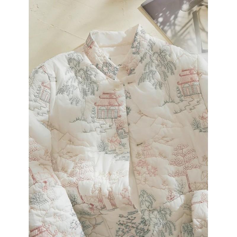 Women's Stand Collar Long Sleeve Single-Breasted Chinese-Style Embroidered Jacket