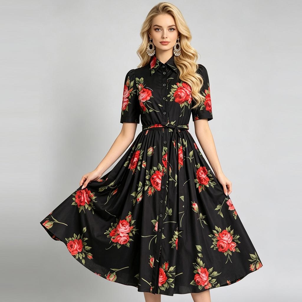 New Summer Beach Gorgeous Floral Midi Dress Shirt Women Single Breasted Belt Lace Up Short Sleeve Long Party Dresses Office Lady