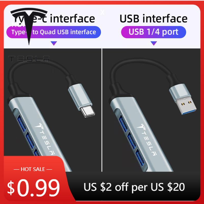 Car Sticker Tesla Car USB Type-C to 4 Port USB HUB High Speed Adapter Accessories For Tesla Model-Y Model-3 Model-X Model-S Cybe