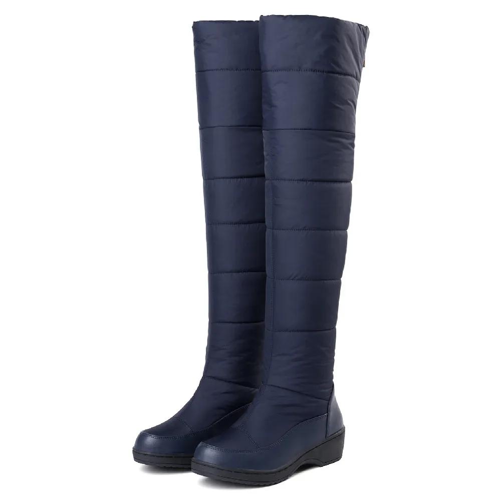 

Зимние теплые пуховые женские ботфорты выше колена, снежные ботинки на танкетке и платформе, с круглым носком, повседневные, для вечеринки, плюшевые, сексуальные, на молнии, ботфорты до бедра 44 синий