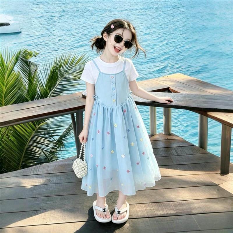 Girls Summer Princess Dress Medium Large Kids Short Sleeve Fake Two Piece Mesh Tulle Dress Sweet Casual Party Gown