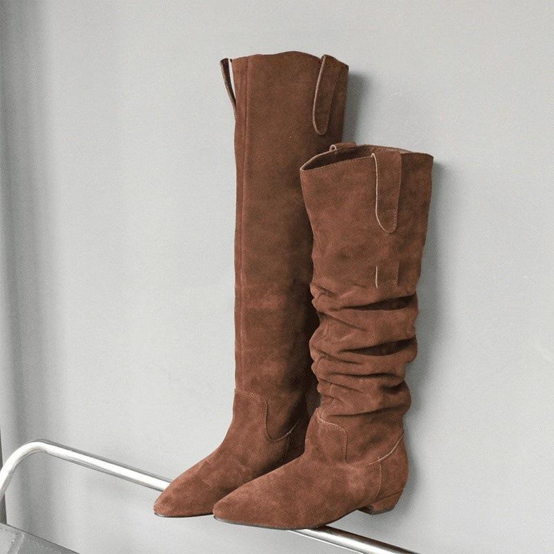 

2025 осень и зима новые, но до колена плиссированные остроносые сапоги на низком каблуке с голенищем, женские черные облегающие длинные сапоги-рыцари 42