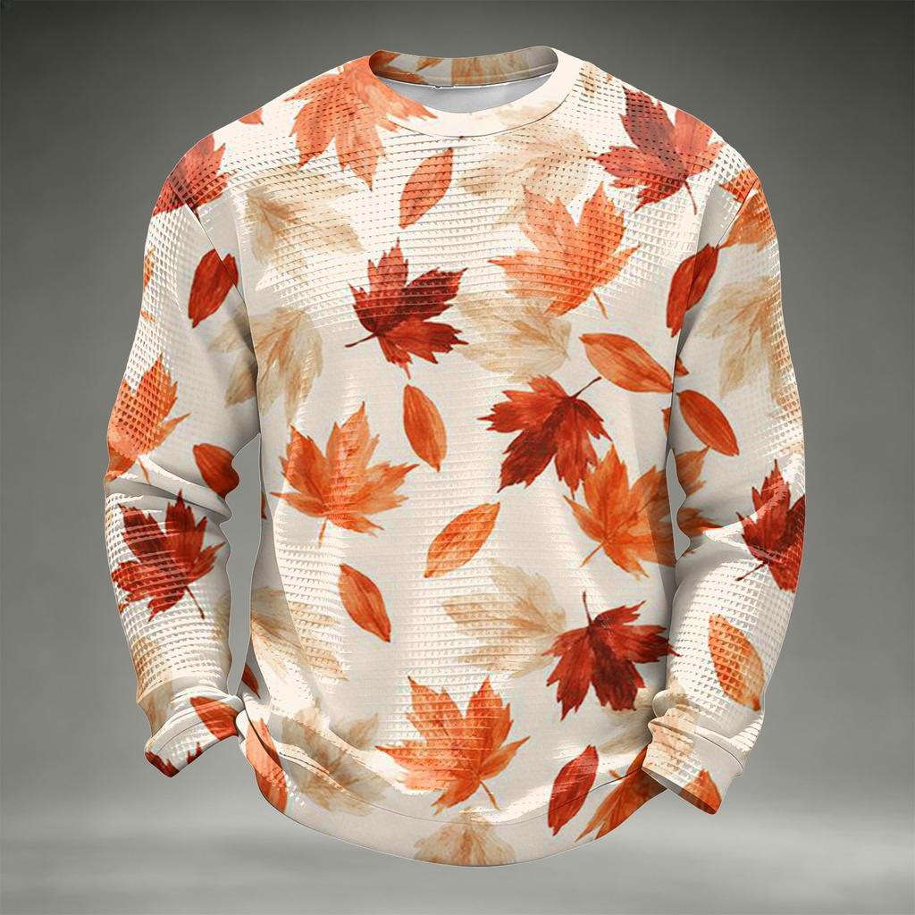 Men's Casual Fall Leaf Print Knit Neck Long Sleeve T-Shirt
