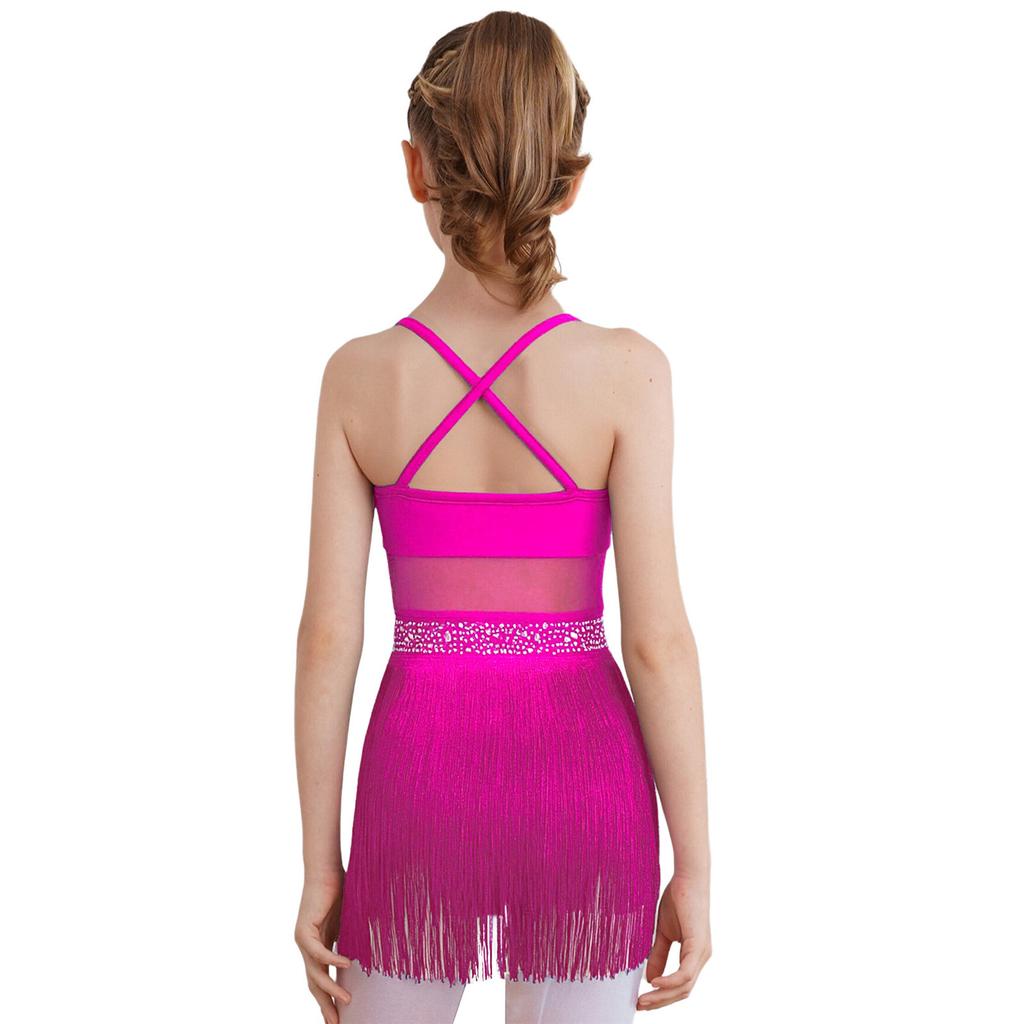 Sukienka na występ w tańcach latynoamerykańskich i tango dla dziewczynek: Strojowy body z naszywkami z dżetów i siateczką, z wielopoziomowym frędzlem