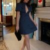 Vestito Mini Casual da Donna alla Moda a Pois con Intagli e Maniche a Sbuffa a Manica Corta con Collo Alto