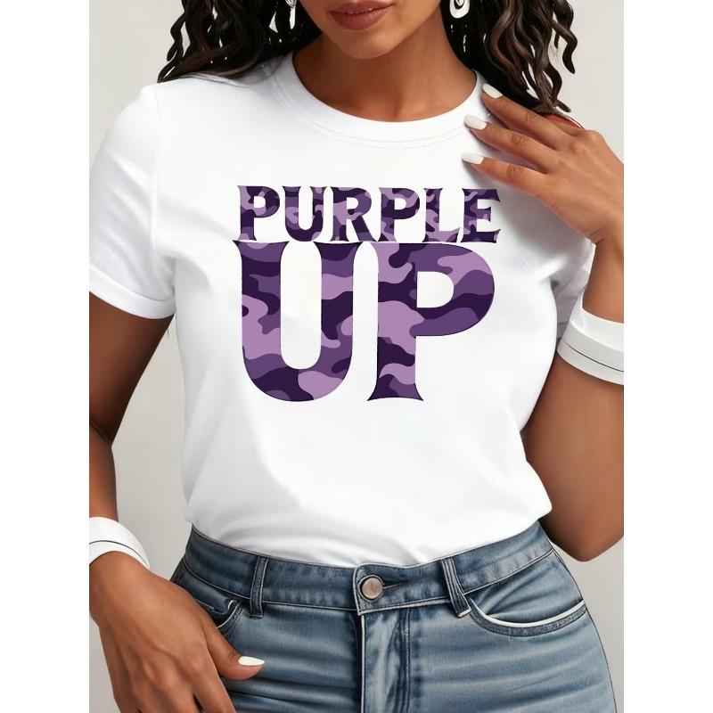

Plus Size Women Purple Camo Print T-Shirt Casual Round Neck Loose Fit All Season Holiday Tee S белый