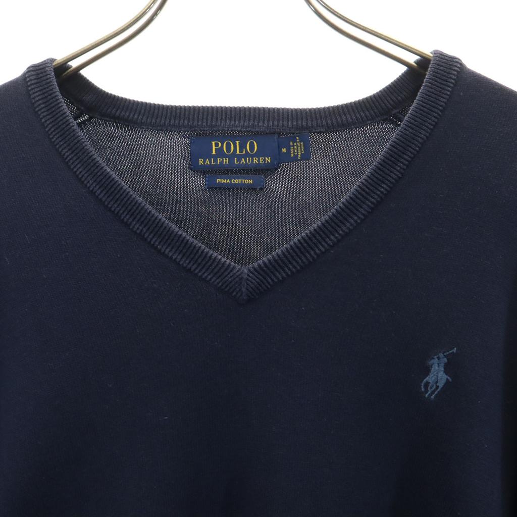 POLO RALPH LAUREN cotton Long sleeve V neck sweater M Navy knit Men's Used