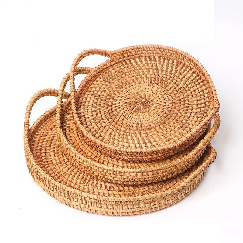 D5 Rotin Fait Main Rotin Véritable Panier à Fruits Panier à Snacks et à Pain Plateau Salon Snacks Divers Panier de Rangement Rond Plateau à Fruits