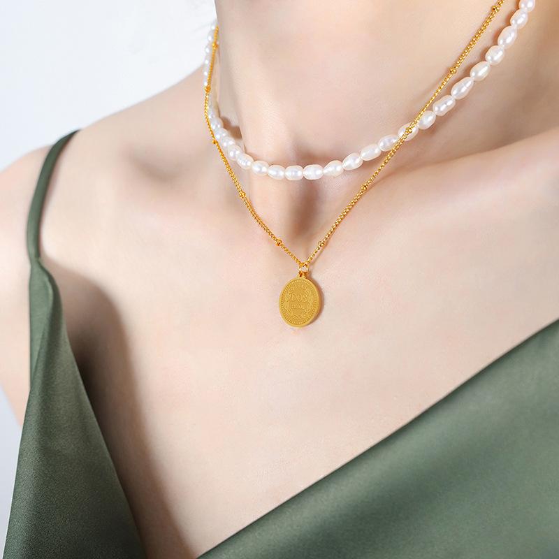 Retro Freshwater Pearl Chain Titanium Steel Gold-Plated Round Brand Portrait Double-Layer Collarbone Chain Does Not Fade Light Luxury Necklace Women