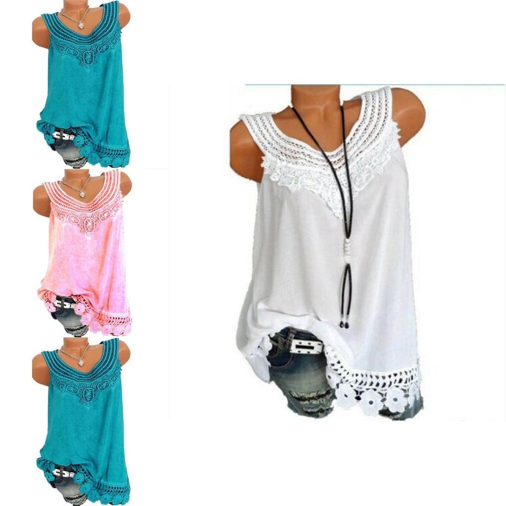 Women's Loose Sleeveless Vest T-shirt Blouse With Elegant Boho Lace Design In Plus Sizes