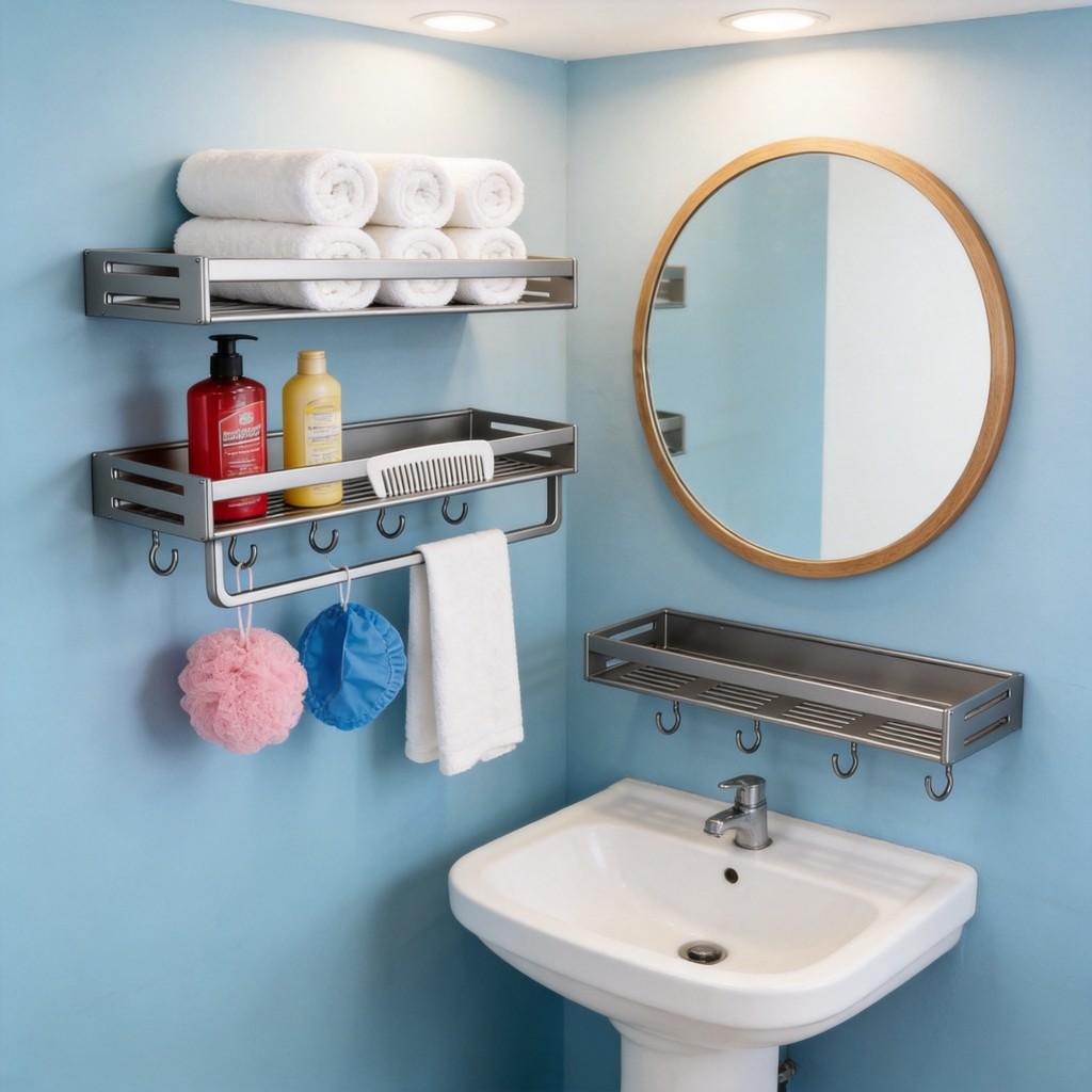 Space Aluminum Bathroom Wall Shelf With Hooks And Oxidized Finish For Toilet Storage