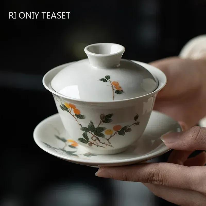 

170ml Chinese Handmade Ceramic Gaiwan Teacup Hand-painted Flowers Tea Tureen Travel Tea Bowl Porcelain Tea Set Accessories