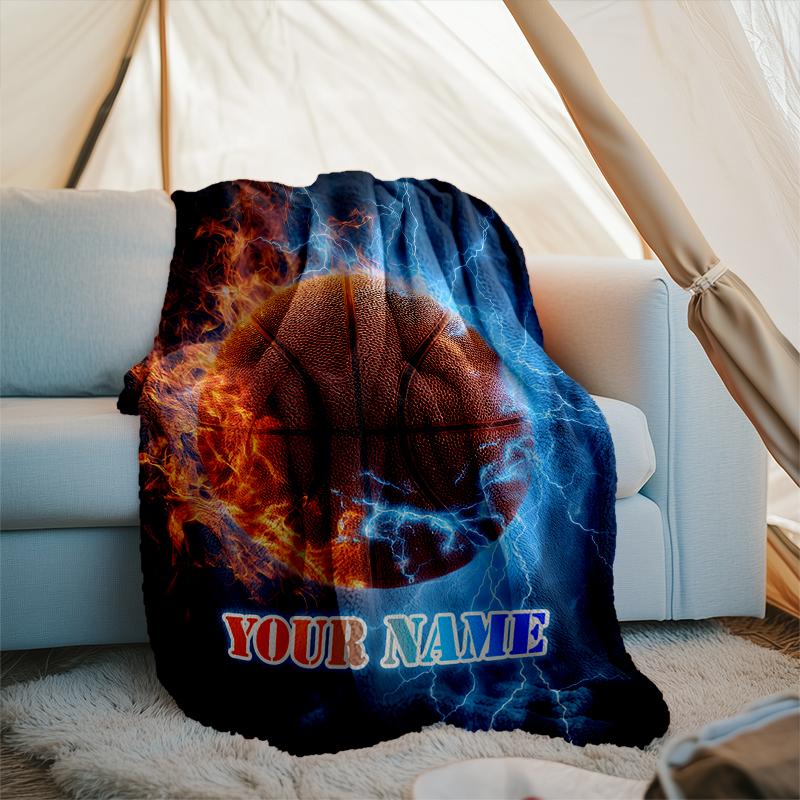 1PC Custom Name "Electric Basketball Flame" outdooor Flannel blankets Patterns Throw Blanket All-Season Soft Gift for Couch, Bed, Camping gifts