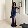 New One-word Shoulder Evening Dress, French Waist Split Satin Dress
