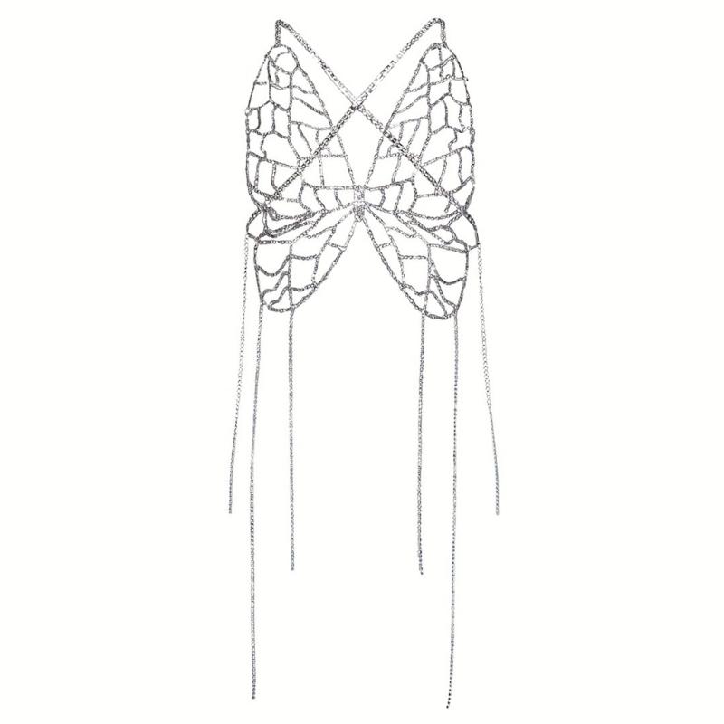 

Metal Tassels Body Chain with Sparkling Rhinestones Butterfly for Women Body Jewelry Harness Chest Chain Bra Necklace 1